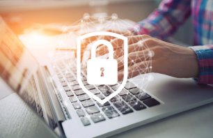 Network security icon with graphic diagram on screen background. Computer defender and security concept.