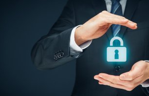 Security services and protection concept. Login, sign in concepts. Businessman offer padlock, symbol of security.