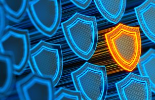 Futuristic digital background with unique glowing yellow shield. Protection against hacker attacks and data breach. Safe your data. Internet security and privacy concept. 3d illustration