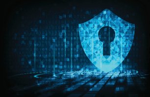 Cyber security concept: Shield With Keyhole icon on digital data background. Illustrates cyber data security or information privacy idea. Blue abstract hi speed internet technology.